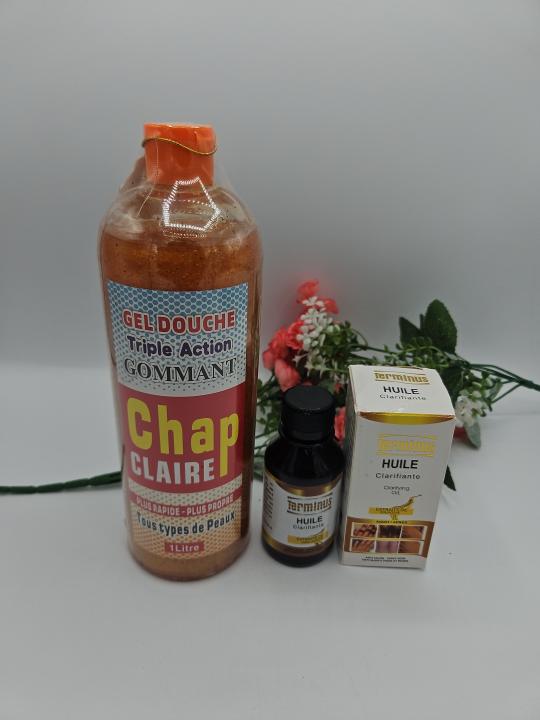 Gel Douche Triple Action Gommant CHAP CLAIRE + Huile Terminus LIGHTENING – Peau Plus Propre et Éclatante (1L + 125ml)