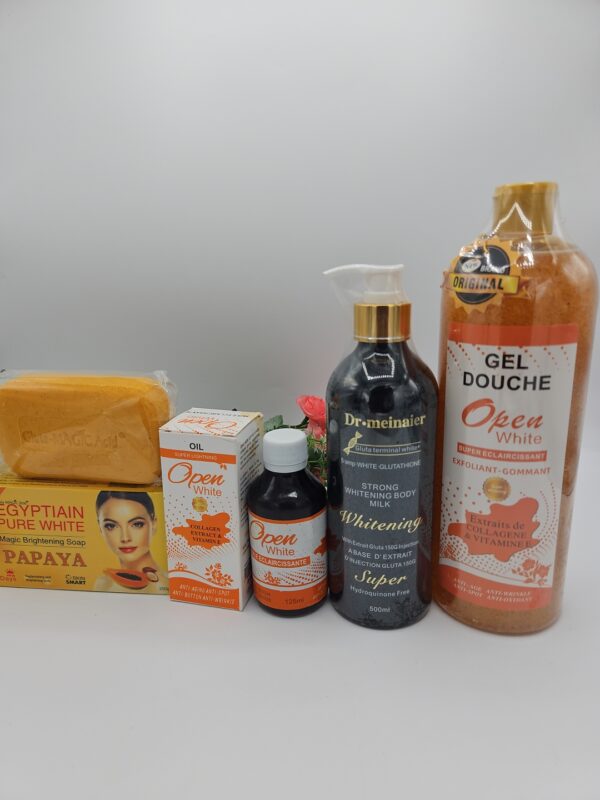 Gamme corporelle Open White Glutathione Black Plus avec savon Egyptian Gold Papaya – Soin éclaircissant complet