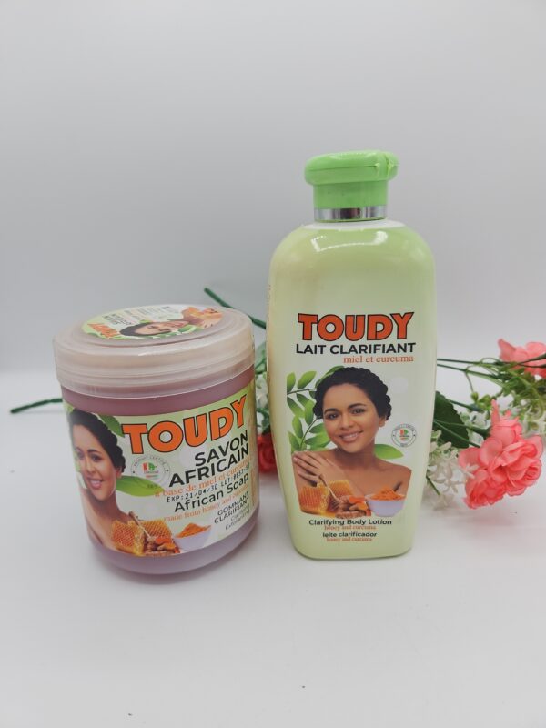 Savon Africain Toudy 670ml + Crème Corporelle Clarifiante 400ml – Peau Douce et Éclatante